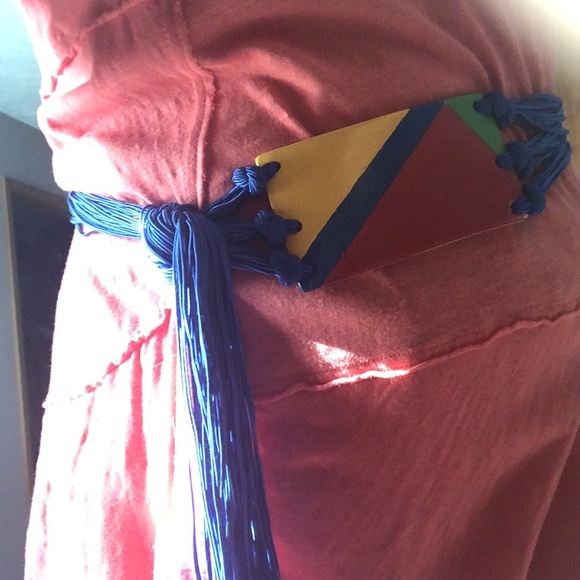 Blue cord wrap belt with multi color ceramic front; multi tie ends. - Picture 10 of 11